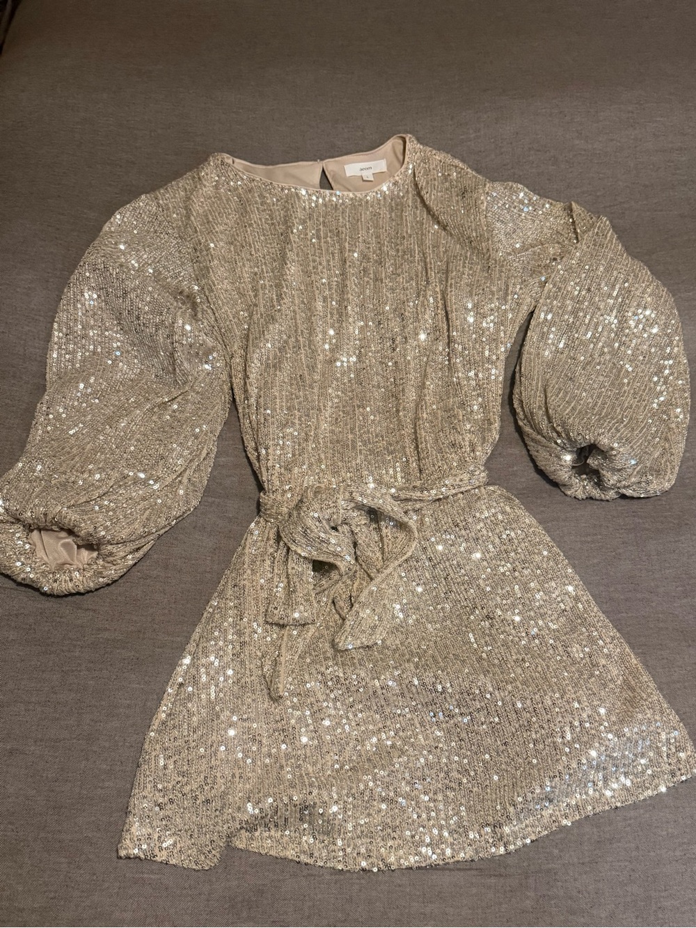 Sequin Puff-Sleeve Mini Dress in Champagne